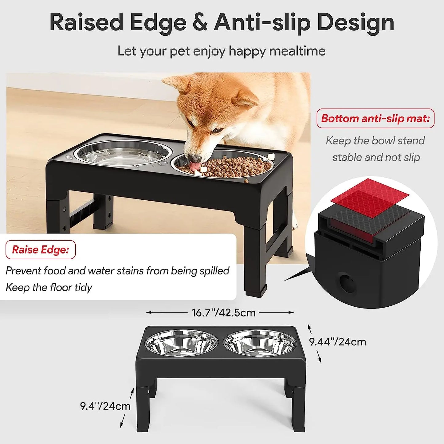 Raised Dog & Cat Bowls - Adjustable Heights