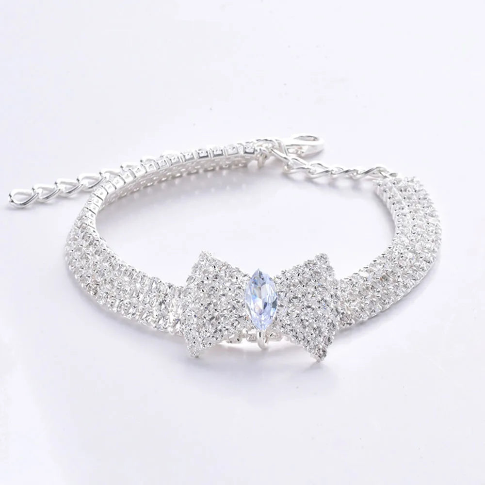 Rhinestones Cat Collar with Bling Bow Charm Shiny Crystal Pet Collar Rhinestone Adjustable Collar Necklace for Small Pet Cat Dog