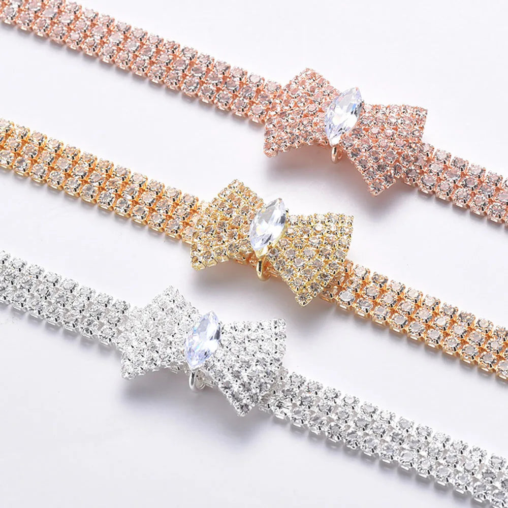 Rhinestones Cat Collar with Bling Bow Charm Shiny Crystal Pet Collar Rhinestone Adjustable Collar Necklace for Small Pet Cat Dog