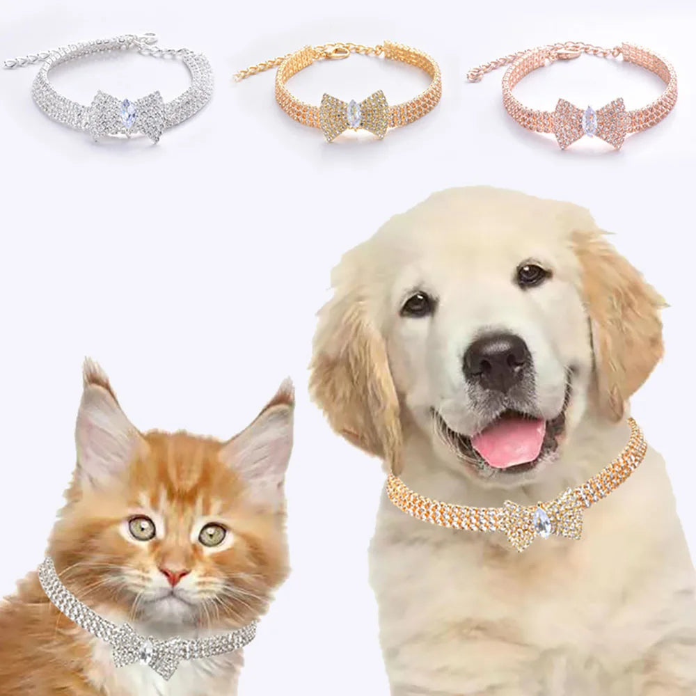 Rhinestones Cat Collar with Bling Bow Charm Shiny Crystal Pet Collar Rhinestone Adjustable Collar Necklace for Small Pet Cat Dog
