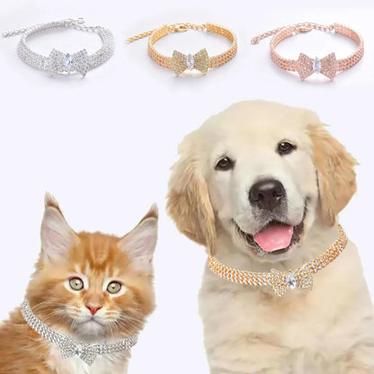 Rhinestones Cat Collar with Bling Bow Charm Shiny Crystal Pet Collar Rhinestone Adjustable Collar Necklace for Small Pet Cat Dog