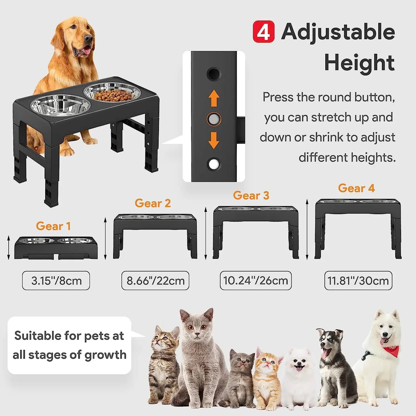 Raised Dog & Cat Bowls - Adjustable Heights