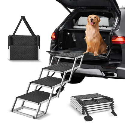 SucceBuy  Dog Stair for Cars Wide 4-step Dog Car Steps Folding Portable Pet Steps Lightweight Aluminum Car SUV and Truck 150 lbs